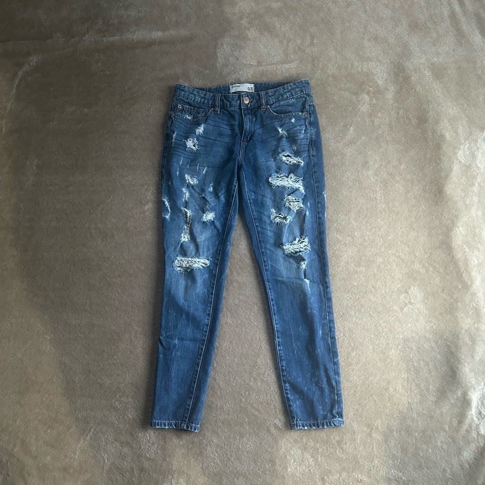 Garage Distressed Skinny Jeans size 03 Medium Wash Raw Hem